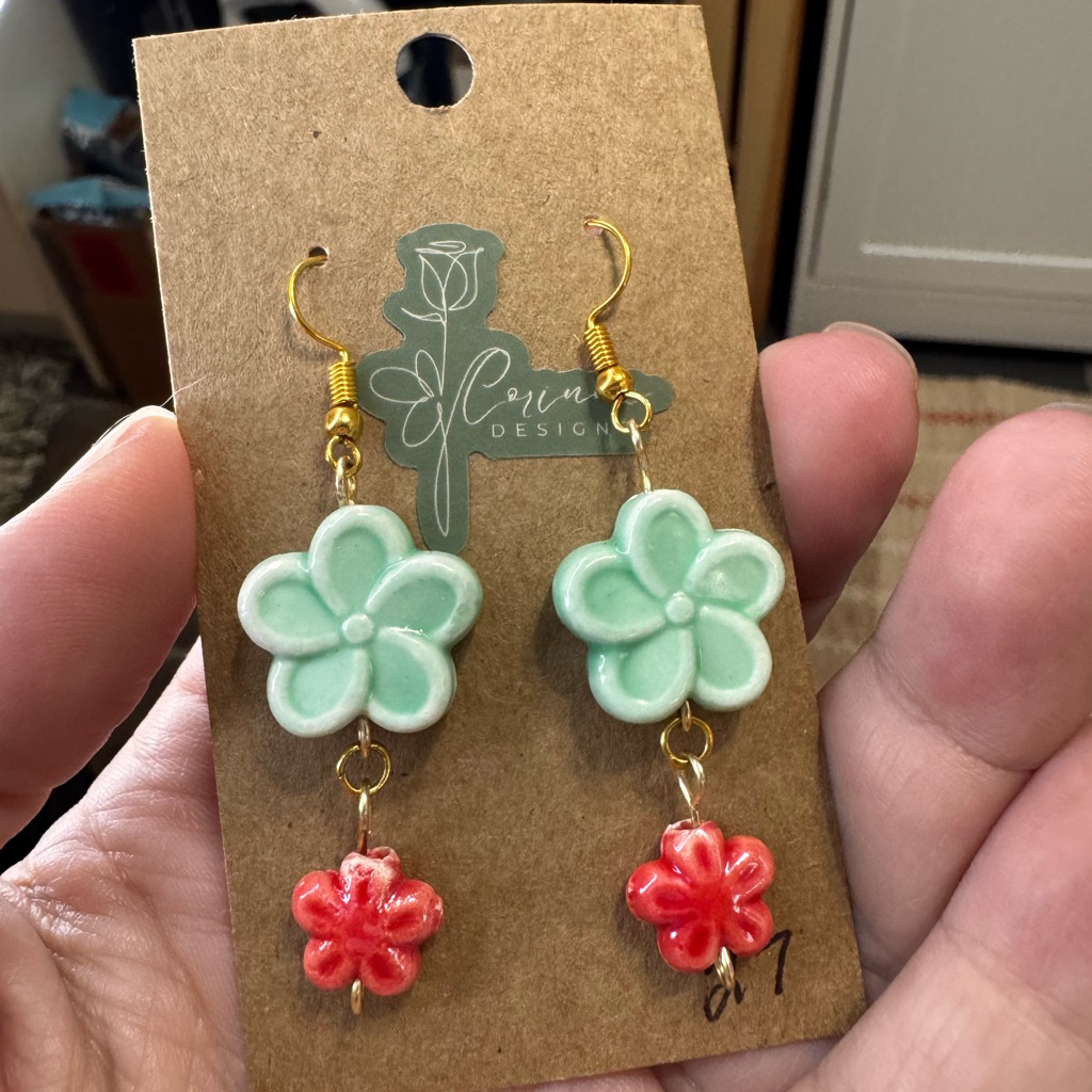 Green And Red Floral Dangle Earrings